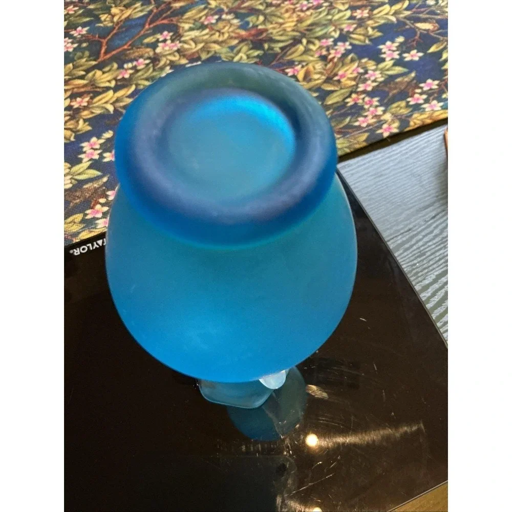Vintage Peacock Blue Satin Glass 8 Inch High Bud Vase With Frosted Handle